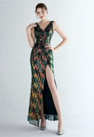 Multi Color Sequins Vneck Gown at Chicwish