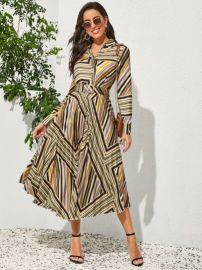 Multi-stripe Belted Shirt Dress  SHEIN USA at Shein