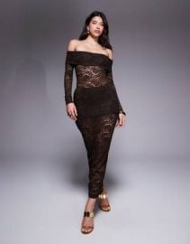 Murci exclusive sheer lace off the shoulder bodysuit and foldover waist maxi skirt set in chocolate | ASOS at ASOS