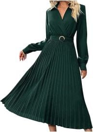 NATHGAM Womens Pleated Shirt Dress Elegant Wrap Long Sleeve A-Line Midi Dresses Ladies Business Office Dressy Dress with Belt at Amazon