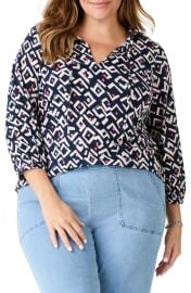 NIC+ZOE Indigo Angles Split Neck Linen Blend Top at Nordstrom