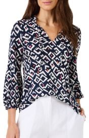 NIC+ZOE Indigo Angles Split Neck Linen Blend Top at Nordstrom