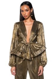 NOEL TIE PLEATED TIE FRONT METALLIC BLOUSE AKIRA at Akira