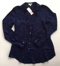 NWT Womenaposs Maison Jules Blue and Black Check Ruffle Front Button Down Top-Sz S eBay at eBay