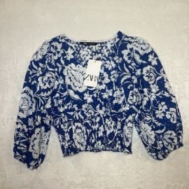 NWT Zara Embroidered Floral Top Womens Large Blue Smocked Faux Wrap Eyelet eBay at eBay