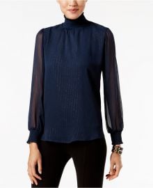 NY Collection Metallic-Detail Turtleneck Blouse in Navy at Macys