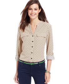 NY Collection Polka-Dot Roll-Tab-Sleeve Button-Down Shirt - Women - Macys at Macys