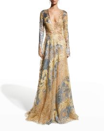 Naeem Khan Sequin Long-Sleeve Lace Gown at Neiman Marcus