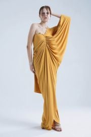 Naina Seth - Yellow Crepe Pearls One Shoulder Draped Gown at Aza