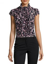 Nanette Lepore Cap-Sleeve Floral Silk Ruffle-Trim Blouse  Black Multicolor at Neiman Marcus