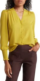 Nanette Lepore Smocked Cuff Split Neck Blouse in Eve Green at Nordstrom Rack