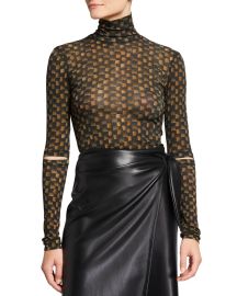 Nanushka Larson Slit-Sleeve Illusion Check Turtleneck Top at Neiman Marcus