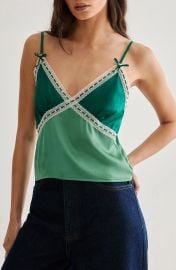 Nasty Gal Lace Trim Satin Camisole in Green at Nordstrom Rack