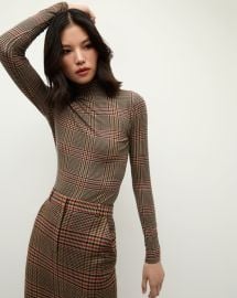 Nate Plaid Turtleneck Top in Camel amp Black at Veronica Beard