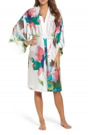 Natori Water Lily Print Satin Wrap Robe at Nordstrom