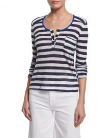 Nautical Striped Linen Henley Top  Navy Stripe at Neiman Marcus