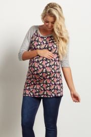 Navy Blue Floral 3 4 Sleeve Maternity Top at Pink Blush