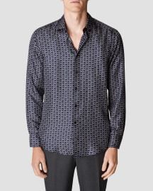 Navy Blue Geometric Silk Twill Shirt - Eton at Eton