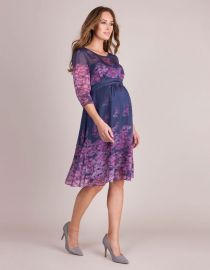 Navy Blue Pink Floral Silk Maternity Dress at Seraphine