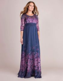 Navy Blue Pink Floral Silk Maternity Gown at Seraphine