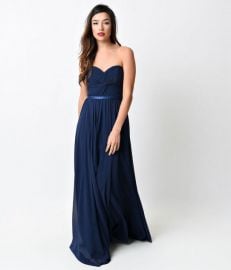 Navy Chiffon Strapless Sweetheart Corset Long Gown at Unique Vintage