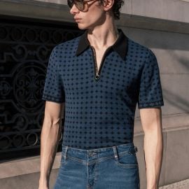 Navy Jacquard Circular Knitted Zip Polo dash Phix at Phix