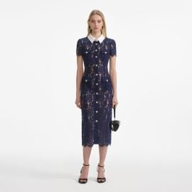 Navy Lace Contrast Collar Midi Dress at Self Portrait
