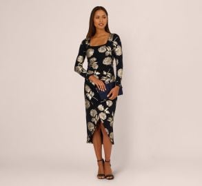 Navy Long Sleeve Stretch Metallic Rose Floral Midi Dress - Adrianna Papell at Adrianna Papell
