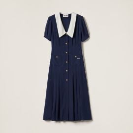 Navy Pleated Marocain Midi-dress Miu Miu at Miu Miu