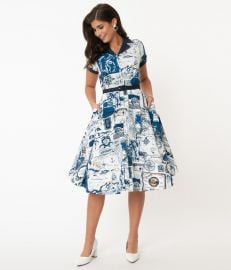 Navy amp White World Map Print Alexis Swing Dress at Unique Vintage