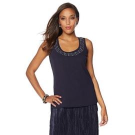 Navy embellished neckline tank top by Wendy Williams HSN Collection at HSN