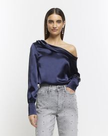 Navy satin off shoulder top River Island at River Island