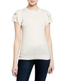 Neiman Marcus Cashmere Collection Cashmere-Blend Crewneck Short-Sleeve Ruffle-Shoulder Top at Neiman Marcus