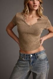 Nevada Washed Brown V-Neck Ribbed Cropped Top 12th Tribe at 12th Tribe