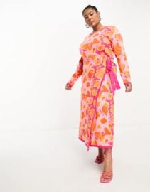 Never Fully Dressed Plus knit wrap midi dress in pink and orange leopard at ASOS