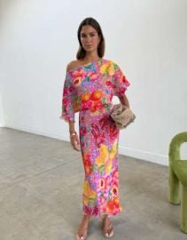 Never Fully Dressed Tilly off shoulder plisse maxi dress in pink fruit print at ASOS