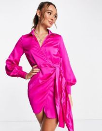 Never Fully Dressed satin wrap mini dress in fuchsia pink at ASOS