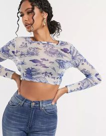 New Girl Order mesh beach top in blue china print at ASOS