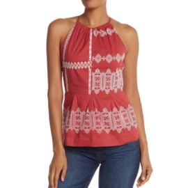 New Joie Sz 2 Konomi Geometric Embroidered Halter Peplum Tank Top High Neck Red eBay at eBay