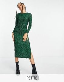 New Look Petite ruched front long sleeve midi dress in green pattern at ASOS