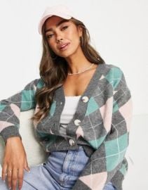 New Look boyfriend cardigan in argyle print at ASOS