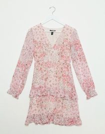 New Look chiffon tiered mini dress in pink ditsy floral print at Asos