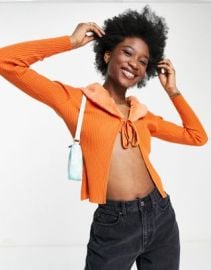 New Look faux fur collar tie front cardigan in burnt orange at ASOS