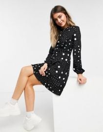 New Look fitted and flared mini dress in black polka dot at ASOS