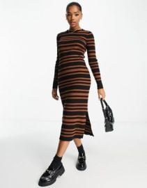 New Look knit crew neck ribbed maxi dress in brown stripe at ASOS