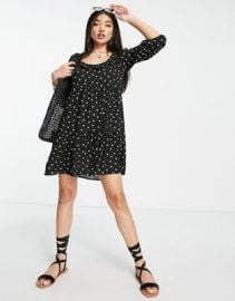 New Look square neck frill sleeve smock dress in black polka dot at ASOS