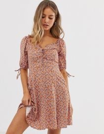 New Look tie sleeve dress in orange ditsy pattern at ASOS