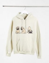 New Love Club oversized hoodie with pug print in sand at ASOS