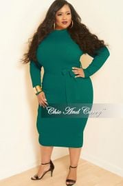 New Plus Size Rib Knitted Dress with Front Pockets in Green at Chic & Curvy