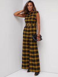 New York Company Plaid Belted Wide Leg Jumpsuit at New York & Company